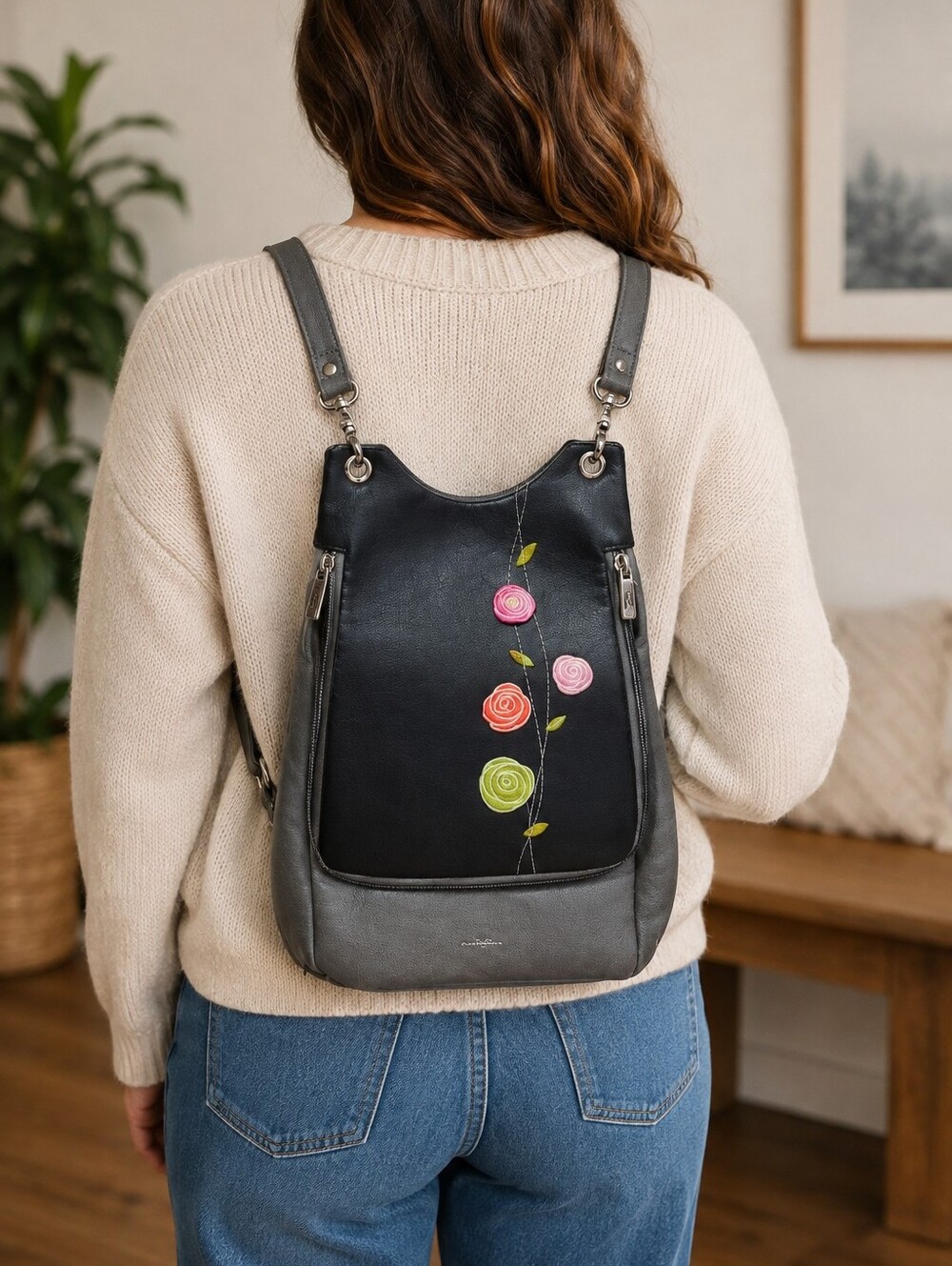 Espe Handbags Stylish Black and Gray Convertible Backpack, Bag Adjustable Straps
